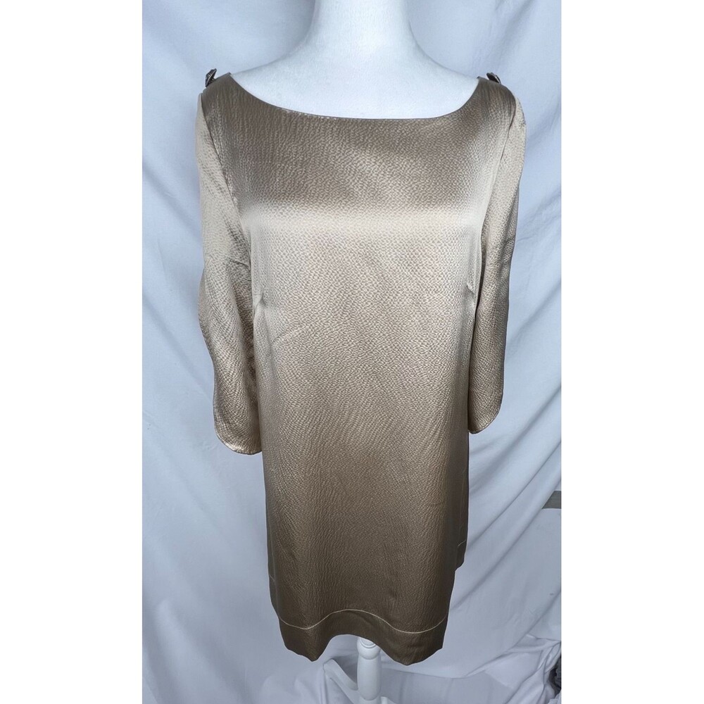 BCBGMAXAZRIA Women M 100% Hammered Silk Dress Champagne Jeweled Split Sleeve REA